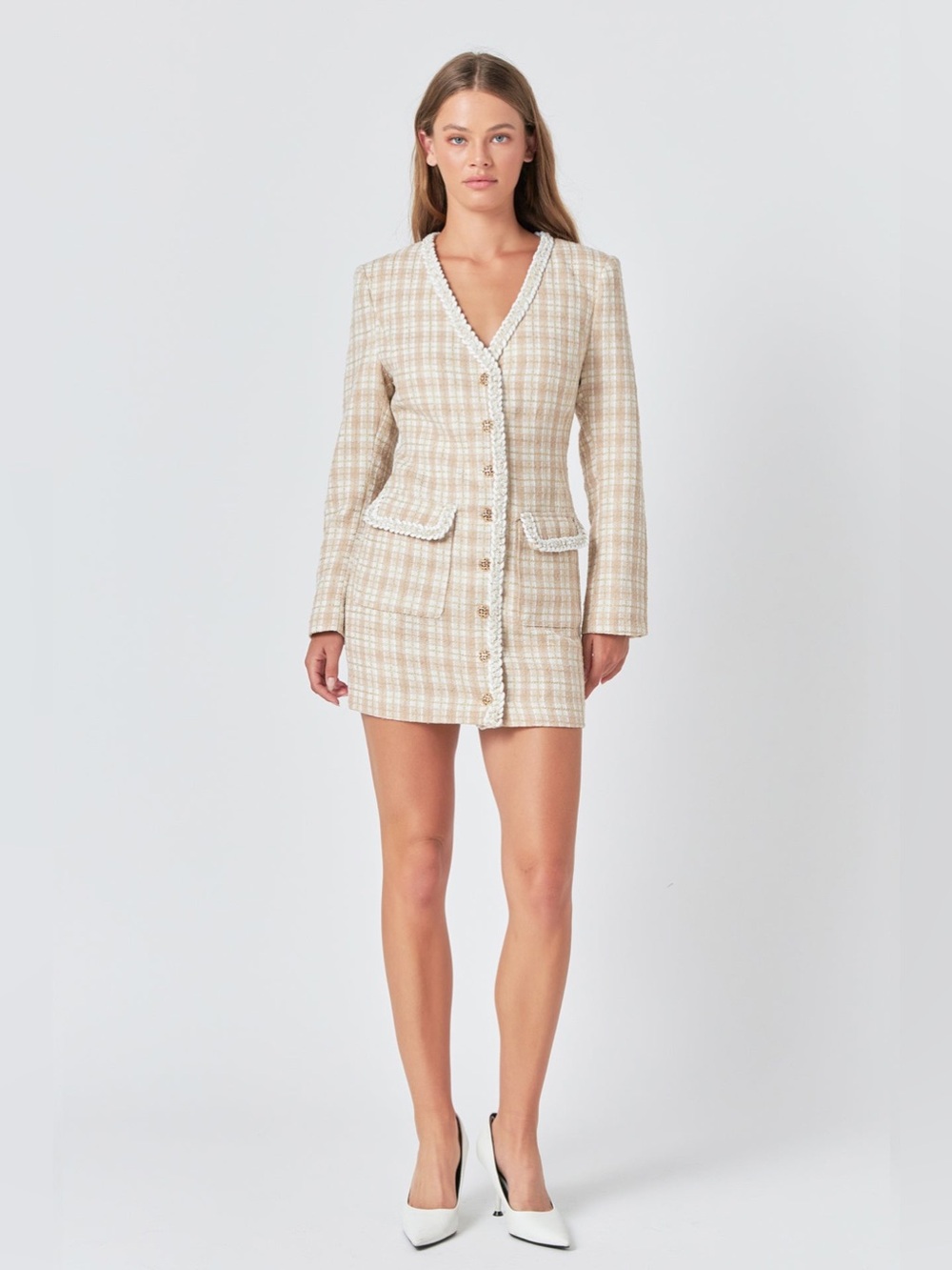 Endless Rose Tweed Mini Dress Pearl Trim Beige Plaid Long Sleeve Size S NWT
